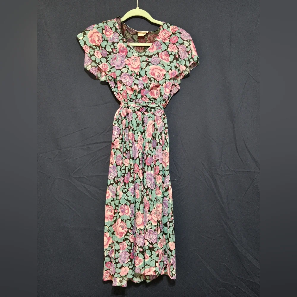 Cathy Sue Vintage Floral Cottagecore Peasant Dress with Ruffled Collar - Size 12 - Picture 1 of 8